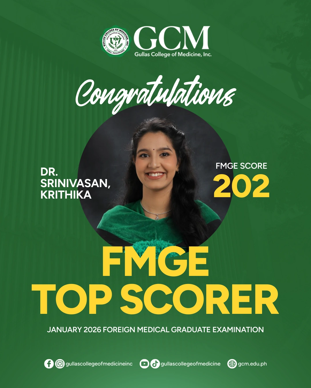 FMGE Top Scorer DR. SRINIVASAN, KRITHIKA